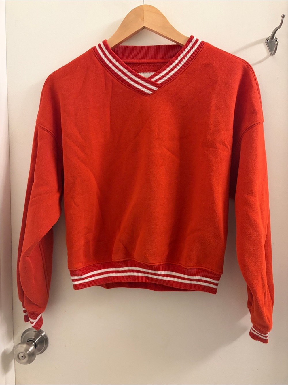 Abercrombie & Fitch Women’s Red V-Neck collegiate Striped Trim Sweatshirt